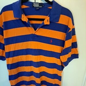 Vintage Ralph Lauren Orange & Blue Striped Polo T Shirt - Made in USA - Large